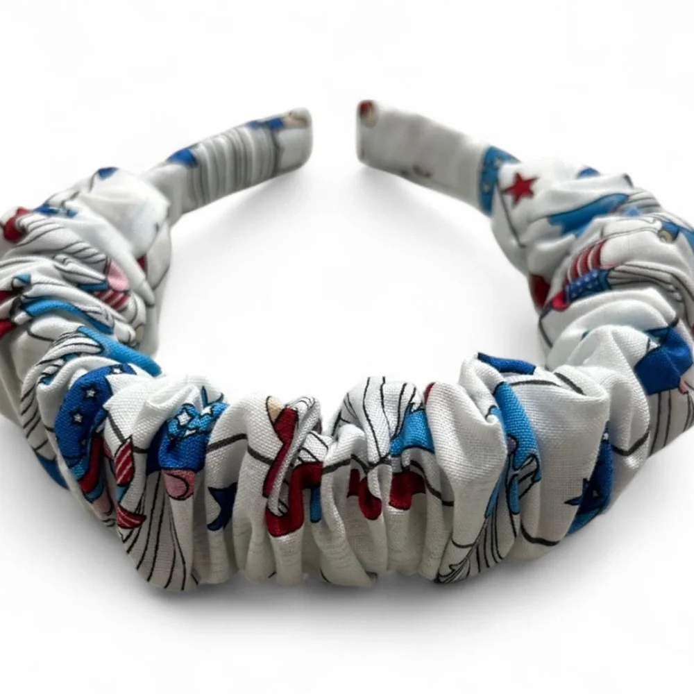 Patriotic Red and Blue Pattern Hair Scrunchies and Headband Set. Handmade.